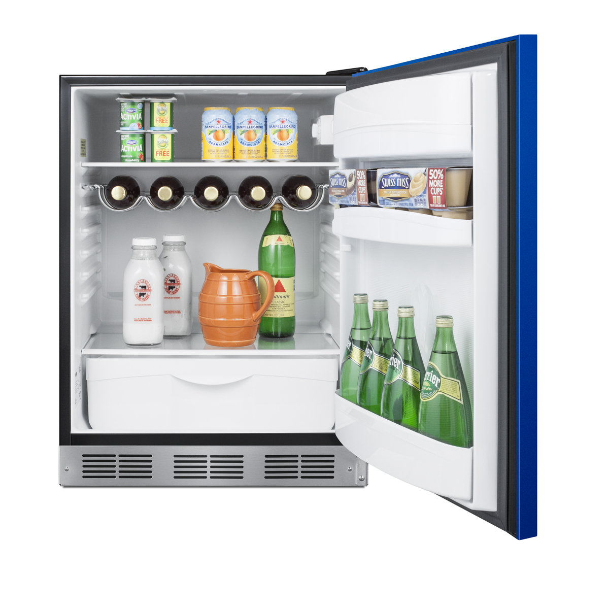 24 in. wide all-refrigerator for residential use, auto defrost with an cobalt blue door, stainless steel handle, and black cabinet